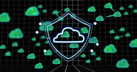 Glowing neon shield showing dotted strokes and cloud icon in black grid, linking cloud nodes....