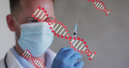 Male medic preparing syringe in clinic, wearing lab coat, blue gloves, surgical mask, DNA overlay....