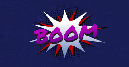Bursting comic starburst occupying center on navy field, showing purple 3D BOOM creating pop-art....