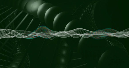 Flowing central dotted waveform crossing dark green 3D scene, showing helical tubes and speckles....