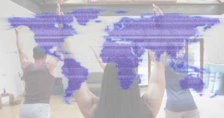 Stretching three adults raising arms in home living room, activewear with purple world-map overlay....
