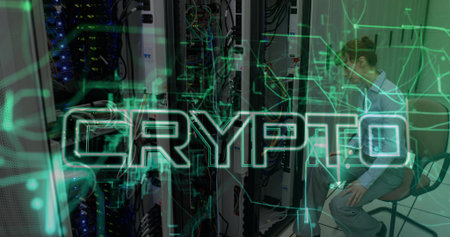 Inspecting midadult woman in blue shirt checking servers in datacenter, CRYPTO overlay, copy space....