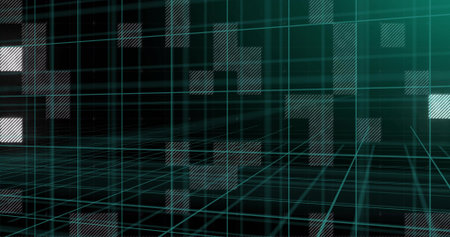 Converging 3D wireframe grid stretching in data grid, with glowing teal lines and hatched blocks....
