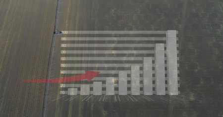 Displaying translucent bar chart with labels overlaying farm rows, with red arrow and utility pole....