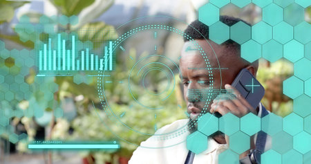 Talking on phone, doctor in white coat with stethoscope at clinic garden, HUD overlays, copy space....