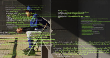 Playing woman in hood tapping snare with drumsticks in concrete passage, projected code, copy space....
