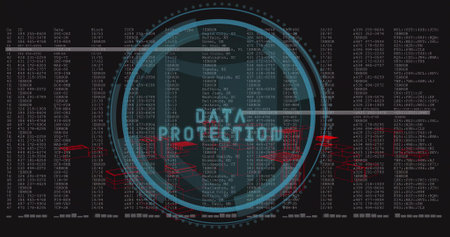 Displaying cyan HUD showing padlock on security UI with DATA PROTECTED label, logs and red nodes....