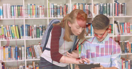 Pointing girl in striped cardigan guiding boy tapping tablet at library, with digital overlays....