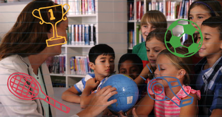 Holding blue globe, teacher in light blazer guiding kids in classroom, doodles and bookshelves....