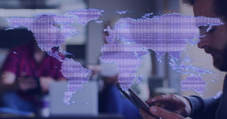 Tapping bearded man at right wearing sweater interacting with tablet in lounge, purple map overlay. Holographic, futuristic, mobile, touchscreen, coffee, public, interior