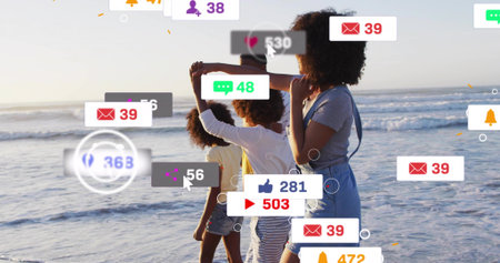 Standing woman with backpack wearing overalls and kids watching waves at beach, social overlays. Family, coastal, seashore, ocean, backlit, goldenhour, candid