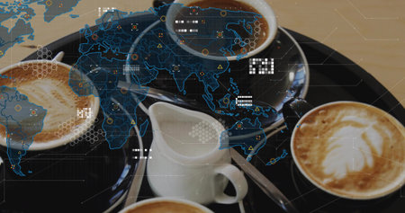 Displaying black round tray holding four cups on wood table, creamer, two-teaspoons, blue HUD map. Latteart, coffee, cafe, flatlay, overhead, hexagon, grid