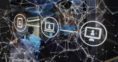 Displaying network overlay spanning clinic corridor with device icons, masked staff wearing scrubs. Connectivity, mesh, holographic, blue, futuristic, healthcare, collaboration