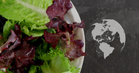 Displaying white ceramic bowl with green, red leaf lettuce on dark slate surface, halftone globe. Salad, greens, studio, world, map, dotted, texture