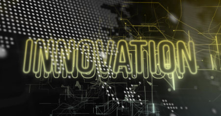 Glowing neon INNOVATION dominating digital UI, showing circuit lines, dot matrix, globe, streaks. Futuristic, cyber, holographic, abstract, network, visualization, tech