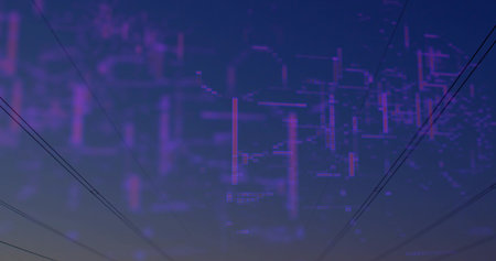 Glowing neon-purple digital overlay hovering across dusk sky, with diagonal cables and horizon glow. Hologram, grid, circuitry, gradient, twilight, urban, minimalist