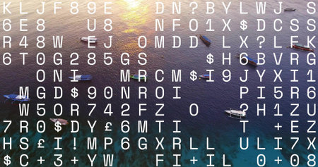 Showing aerial coastal seascape glowing under low sun over reef, with boats and white symbol grid. Drone, coast, turquoise, water, goldenhour, reflection, vessels