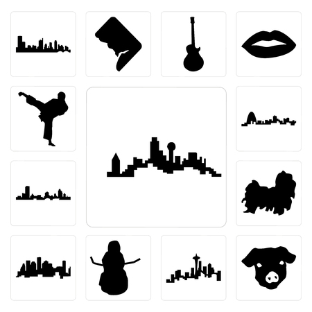 Set Of 13 simple editable icons such as dallas skyline on white background, , pig face, seattle snowman, houston skyline, shih tzu can be used for mobile, web UIのイラスト素材
