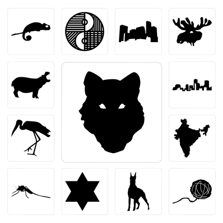 Set Of 13 simple editable icons such as wolf face outline on white background, yarn ball, doberman, star of david, mosquito, india, stork can be used for mobile, web UIのイラスト素材