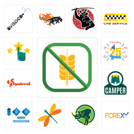 Set Of 13 simple editable icons such as gluten free, , rhino, dragonfly, 100 year anniversary, camper, squirrel, celebrating 25 years, customer satisfaction can be used for mobile, web UIのイラスト素材