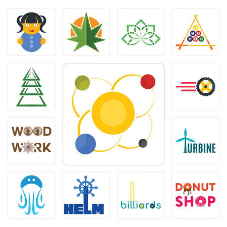 Set Of 13 simple editable icons such as solar system, donut shop, billiards, helm, jellyfish, turbine, woodwork, tire business, ever tree can be used for mobile, web UIのイラスト素材