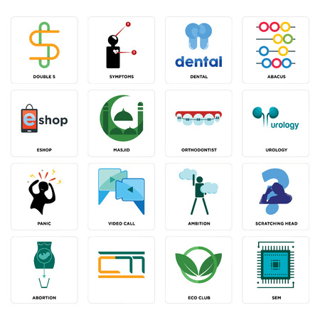 Set Of 16 simple editable icons such as sem, eco club, , abortion, scratching head, double s, eshop, panic, orthodontist can be used for mobile, web UIのイラスト素材