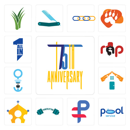 Set Of 13 simple editable icons such as 75th anniversary, pool service, ruble, powerlifting, royal family, realestate, seaman, rap, all in one can be used for mobile, web UIのイラスト素材