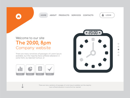 Quality One Page The 20:00, 8pm Website Template Vector Eps, Modern Web Design with landscape illustration, ideal for landing page, The 20:00, 8pm iconのイラスト素材