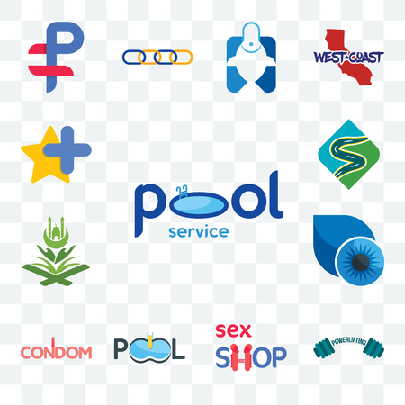 Set Of 13 transparent editable icons such as pool service, powerlifting, sex shop, company, condom, contact lens, quran, winding road, star plus, web ui icon packのイラスト素材