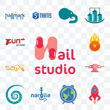 Set Of 13 transparent editable icons such as nail studio, rocketship, earth hour, nargile, nautilus shell, catering, sax, o fire, gun store, web ui icon packのイラスト素材