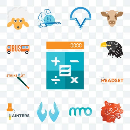 Set Of 13 transparent editable icons such as calculator, bear head, 3 letter, two hands, painters, headset, strike out, eagle, web ui icon packのイラスト素材
