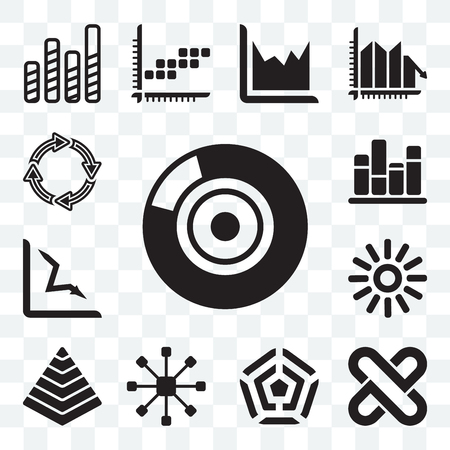 Set Of 13 transparent icons such as Loading process, Interlock, Hexagon, Centralized connections, Pyramid chart, indicator, Loss Bar web ui editable icon pack, transparency setのイラスト素材
