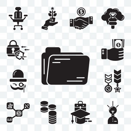 Set Of 13 transparent editable icons such as Folder, Creative, Mortarboard, Cash, Network, Medal, Sir, Investment, Padlock, web ui icon packのイラスト素材