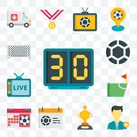 Set Of 13 transparent editable icons such as Scoreboard, Soccer player, Trophy, Calendar, Flag, Television, Ball, goal, web ui icon packのイラスト素材