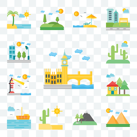 Set Of 13 transparent editable icons such as London, Pyramids, Mountains, Desert, Sea, House, Lighthouse, Flat, web ui icon packのイラスト素材