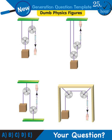 Physics, Science experiments on force and motion with pulley, Simple Machines, Springs, Pulleys, Gears, next generation question template, dumb physics figures, exam question, epsのイラスト素材
