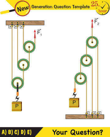Physics, Science experiments on force and motion with pulley, Simple Machines, Springs, Pulleys, Gears, next generation question template, dumb physics figures, exam question, epsのイラスト素材