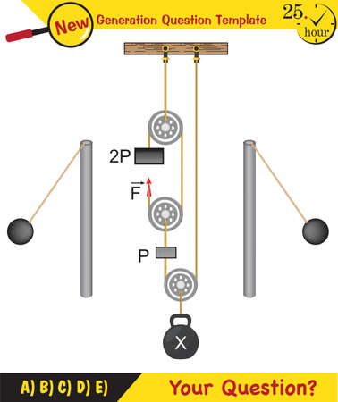 Physics, Science experiments on force and motion with pulley, Simple Machines, Springs, Pulleys, Gears, next generation question template, dumb physics figures, exam question, epsのイラスト素材