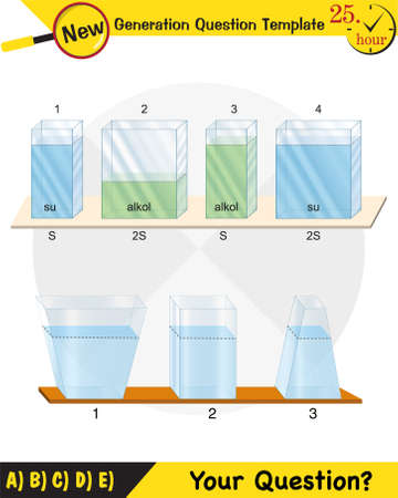 Physics, pressure and lifting force, pressure of stagnant waters, archimedes principle, pressure of liquids, containers filled with water, next generation question templateのイラスト素材