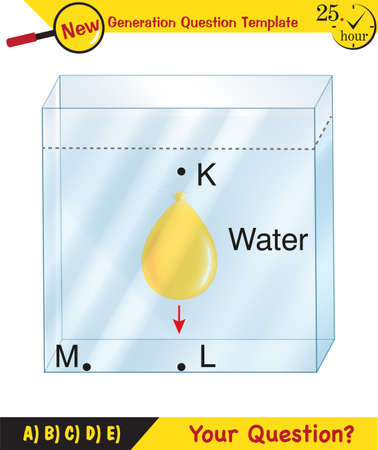 Physics, pressure and lifting force, pressure of stagnant waters, archimedes principle, pressure of liquids, containers filled with water, next generation question templateのイラスト素材