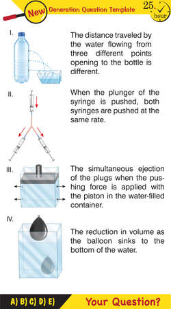 Physics, pressure and lifting force, pressure of stagnant waters, archimedes principle, pressure of liquids, containers filled with water, next generation question templateのイラスト素材