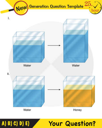 Physics, pressure and lifting force, pressure of stagnant waters, archimedes principle, pressure of liquids, containers filled with water, next generation question templateのイラスト素材
