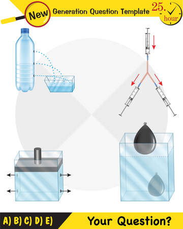 Physics, pressure and lifting force, pressure of stagnant waters, archimedes principle, pressure of liquids, containers filled with water, next generation question templateのイラスト素材