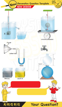 Physics, pressure and lifting force, archimedes principle, pressure of liquids and gases, Pascal's law, pressure of solids, Next generation problemsのイラスト素材