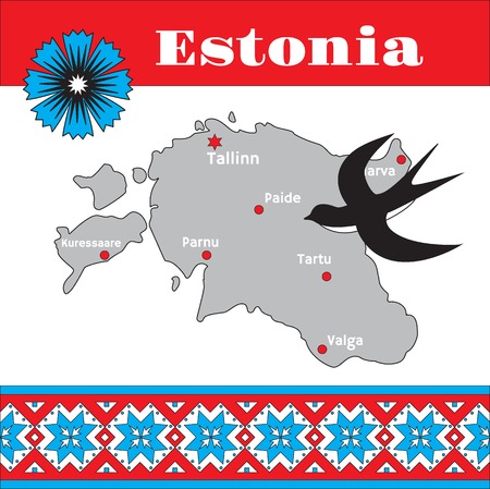 Vector illustration of Estonian traditional pattern, map and national symbolsのイラスト素材