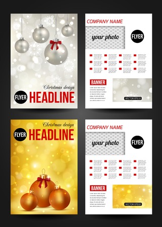 Set of Christmas corporate business stationery templates. Abstract brochure design with photo realistic xmas balls and blurred bokeh lights. Modern back and front flyer backgrounds.のイラスト素材