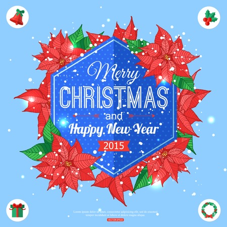 Happy New Year 2015 celebration typographical concept with hand drawn poinsettia frame. Abstract shining background.のイラスト素材