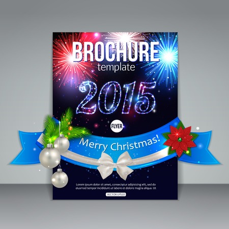 Christmas brochure template. Abstract flyer design with xmas fireworks,  fir tree, white bow, ribbon, poinsettia, silver balls, blurred bokeh lights and place for text. Vector illustration.のイラスト素材