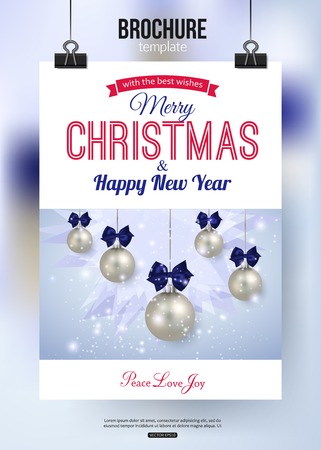 Christmas brochure template. Abstract typographical flyer design with xmas silver balls, blurred bokeh lights and place for text. Vector illustration.のイラスト素材