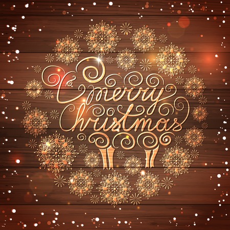 Merry Christmas lettering with hand drawn sheep and snowflakes and blurred bokeh lights over wooden background. Shining abstract background. Vector illustration.のイラスト素材